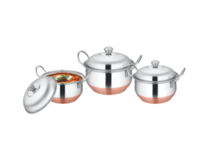 Copper Bottom Handi Set with Steel Lid – 3 Pcs | Mirror Finish