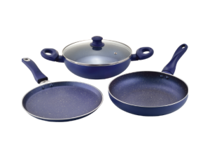 Kitchen Master 3 Pcs Set- Splatter Finish Set With Soft Touch Coloured Handles- Dosa Tawa, Deep Fry Pan, Deep Kadhai With Glass Lid