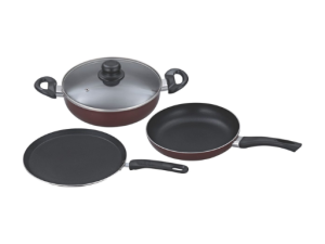 Kitchen Master 3 Pcs Set- Dosa Tawa | Deep Fry Pan | Deep Kadhai With Glass Lid